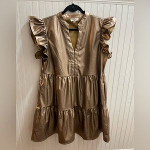 NWOT Entro Dress, Bronze Gold Metallic Faux Leather Dress w/ pockets, Size Lg